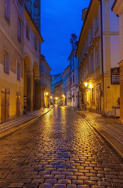 Narrow wet cobblestone streets in Old Town in Prague-Czech Republic